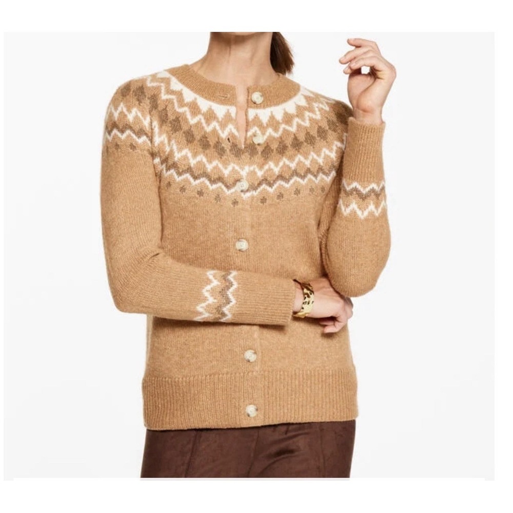 Talbots Fair Isle Yoke Women's M Crewneck Cardigan Long Sleeve Camel Heather